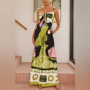 NWT Pink, Green & Black Front Tie Wide Leg Jumpsuit